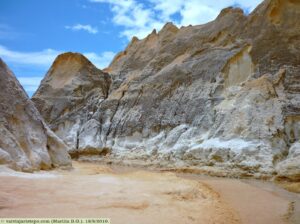 Falésias multicoloridas emolduram a praia de Morro Branco.