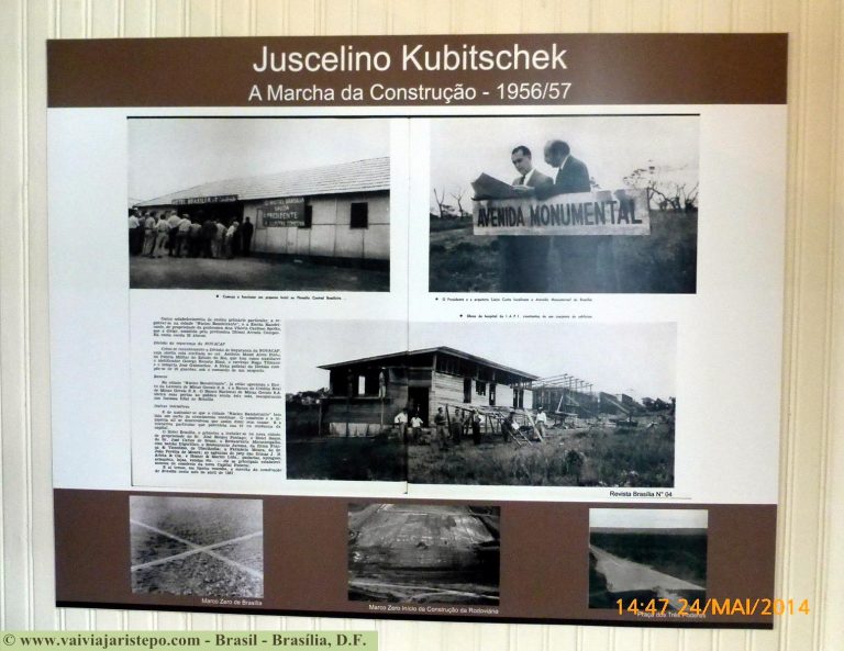 Muitas fotos distribuídas pelas paredes contam a história da construção da cidade em apenas três anos.